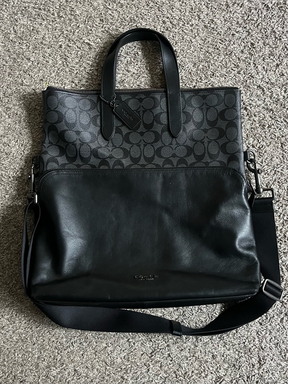 Coach Graham Foldover Tote Leather Canvas Authentic Black Gray Shoulder Strap